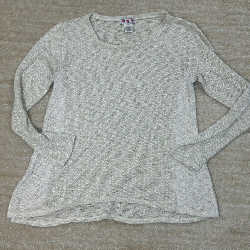 Three Pink Hearts Womens Blouse Shirt M Beige Taupe Lace Long Sleeve Boho Chic